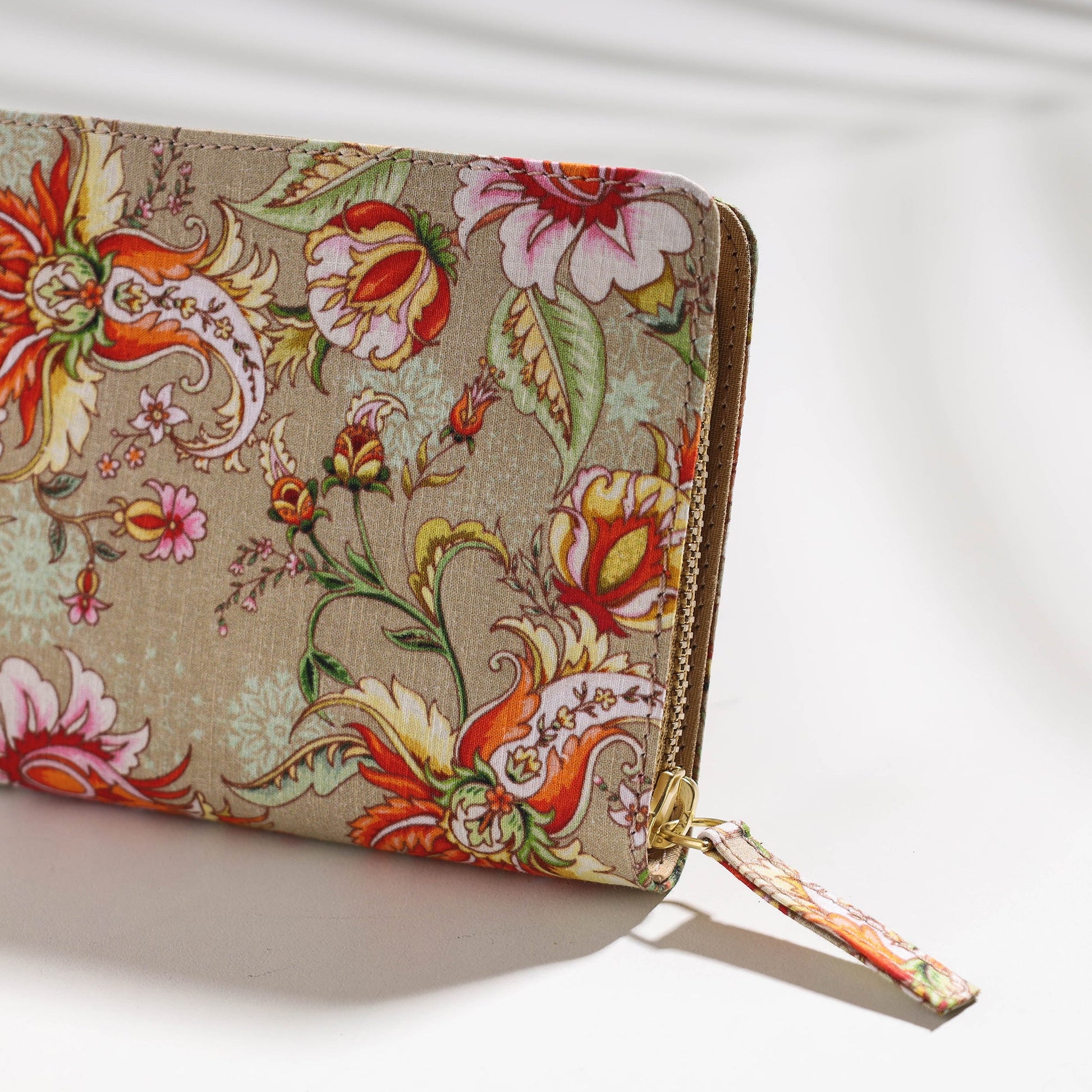 Beige - Floral Printed Handcrafted Wallet