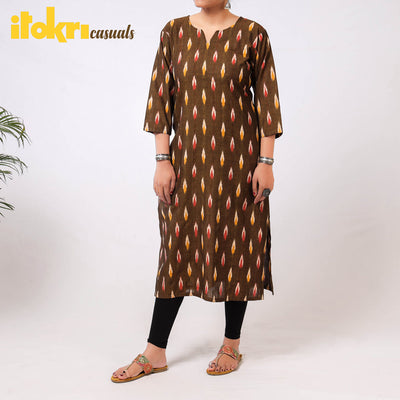 Brown - Ikat Weave Cotton Long Kurta