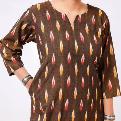 Brown - Ikat Weave Cotton Long Kurta