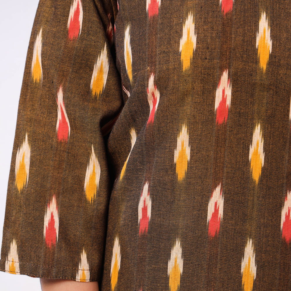 Brown - Ikat Weave Cotton Long Kurta