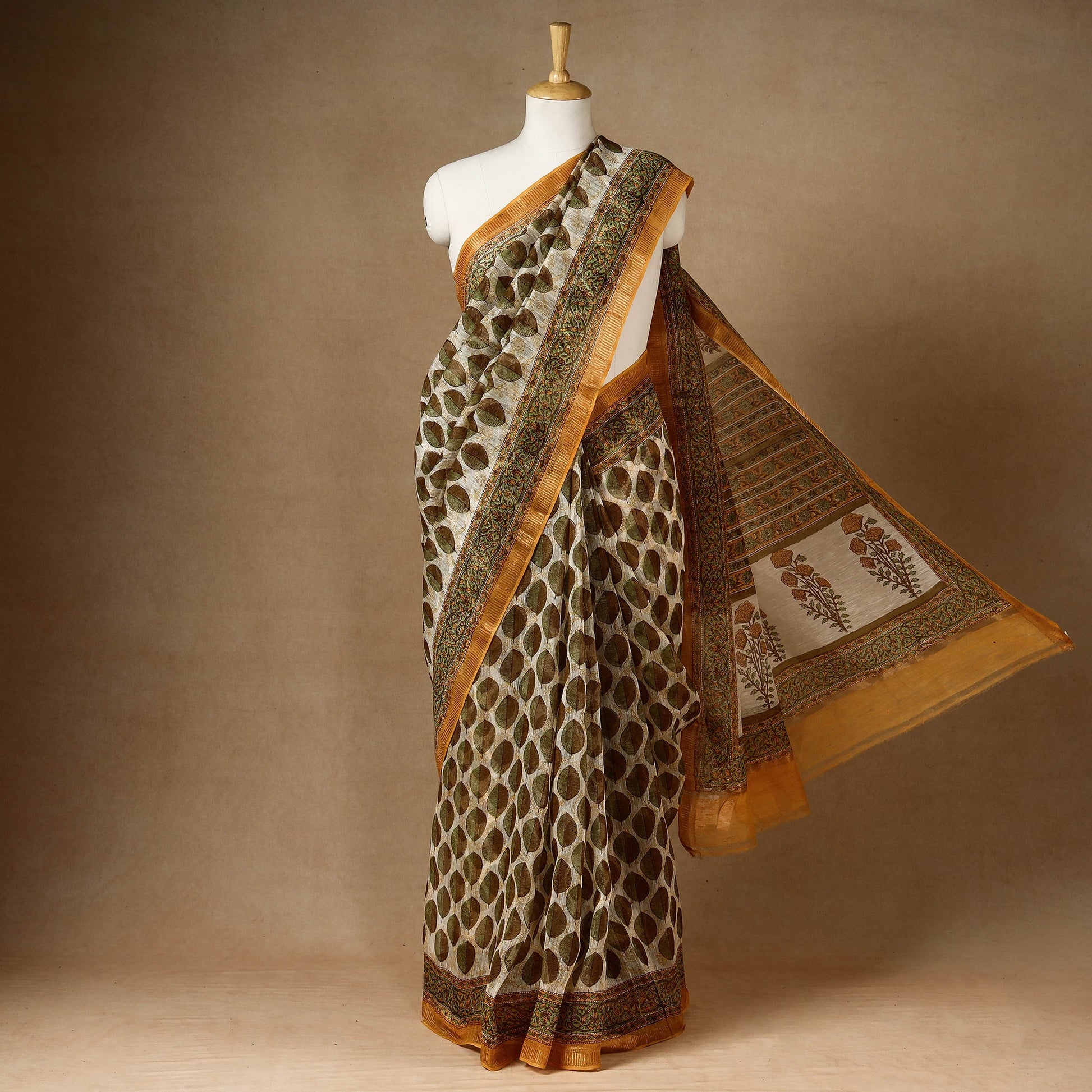 Brown - Block Printed Chanderi Silk Sanganeri Saree