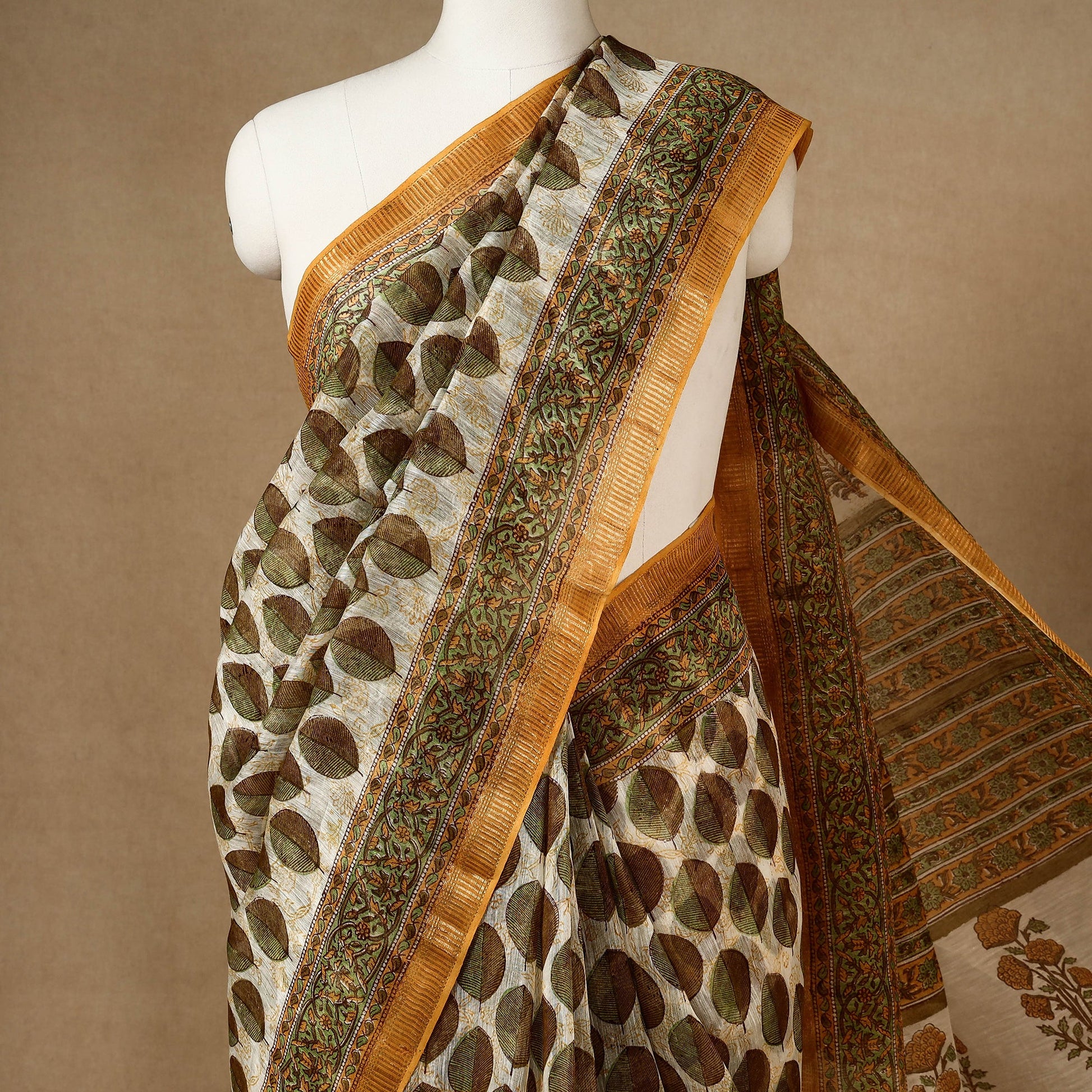 Brown - Block Printed Chanderi Silk Sanganeri Saree