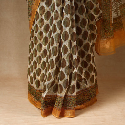 Brown - Block Printed Chanderi Silk Sanganeri Saree
