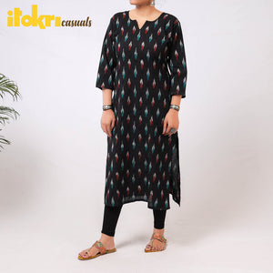 Black - Pochampally Ikat Weave Cotton Long Kurta