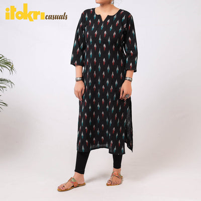 Black - Pochampally Ikat Weave Cotton Long Kurta
