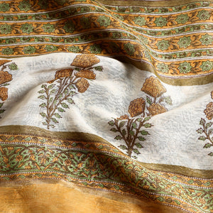 Brown - Block Printed Chanderi Silk Sanganeri Saree