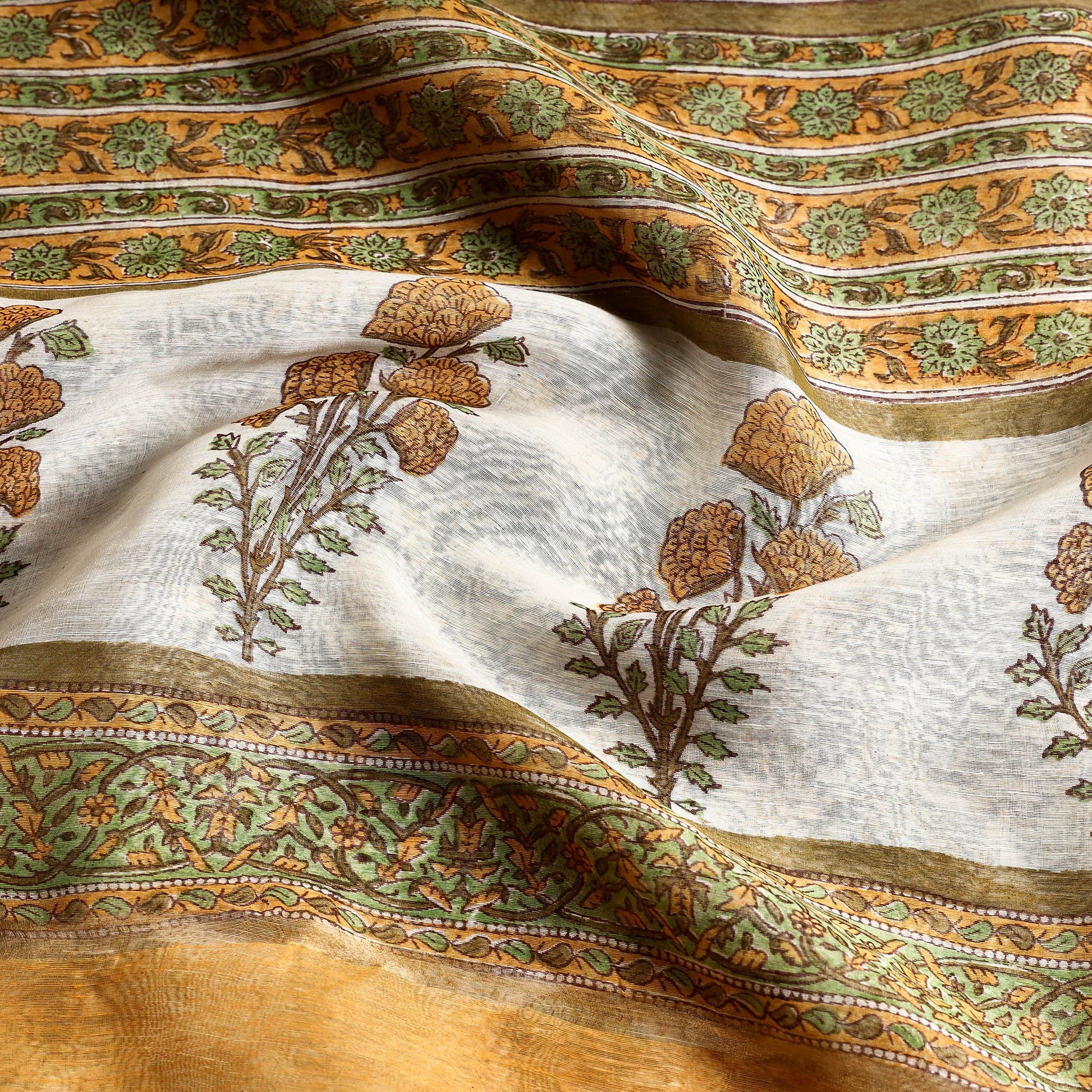 Brown - Block Printed Chanderi Silk Sanganeri Saree