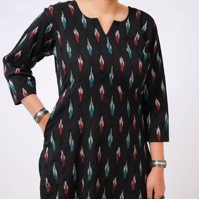 Black - Pochampally Ikat Weave Cotton Long Kurta