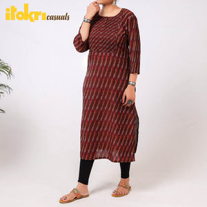 Brown - Maroon Pintuck Ikat Weave Cotton Long Kurta