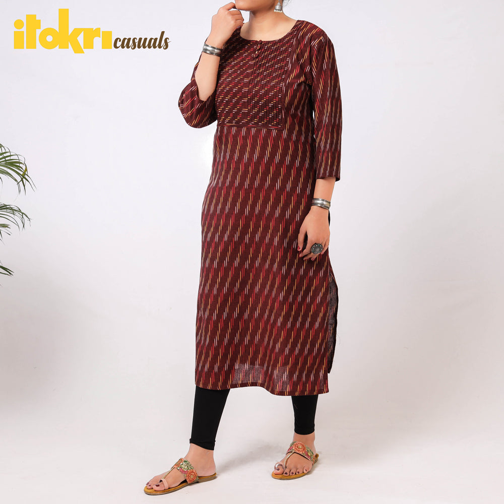 Brown - Maroon Pintuck Ikat Weave Cotton Long Kurta