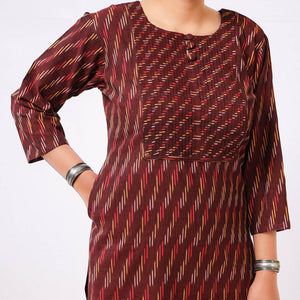Brown - Maroon Pintuck Ikat Weave Cotton Long Kurta