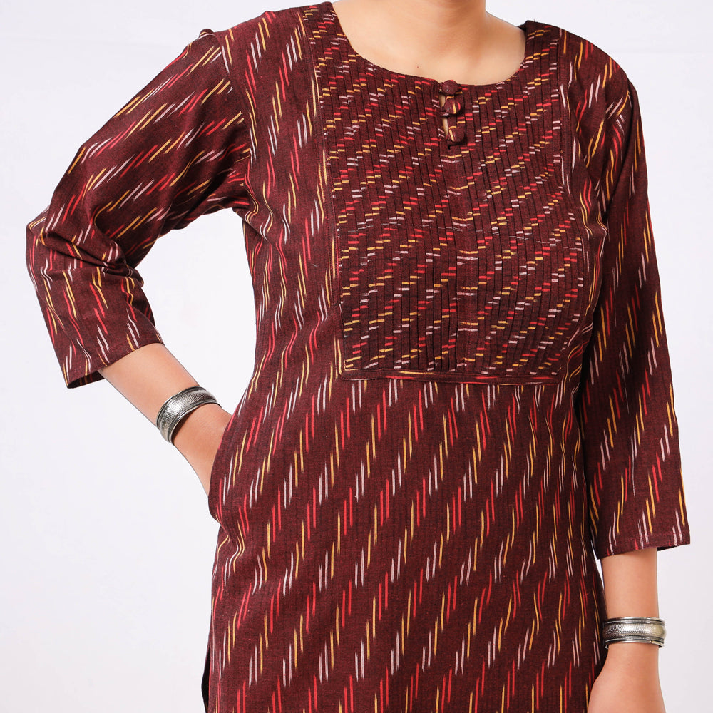 Brown - Maroon Pintuck Ikat Weave Cotton Long Kurta