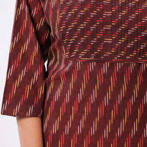 Brown - Maroon Pintuck Ikat Weave Cotton Long Kurta
