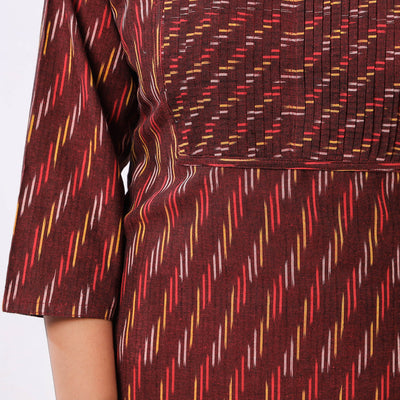 Brown - Maroon Pintuck Ikat Weave Cotton Long Kurta