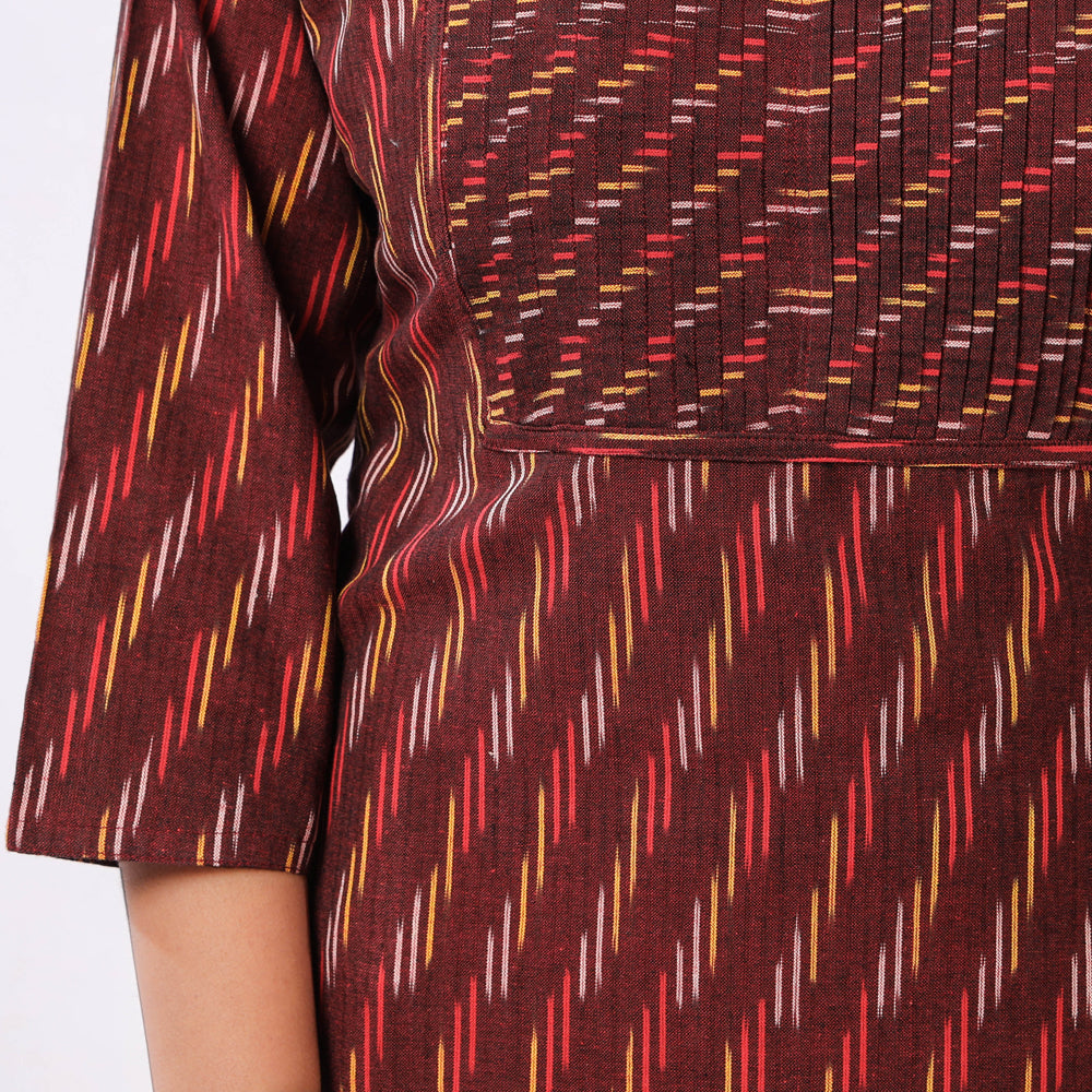 Brown - Maroon Pintuck Ikat Weave Cotton Long Kurta