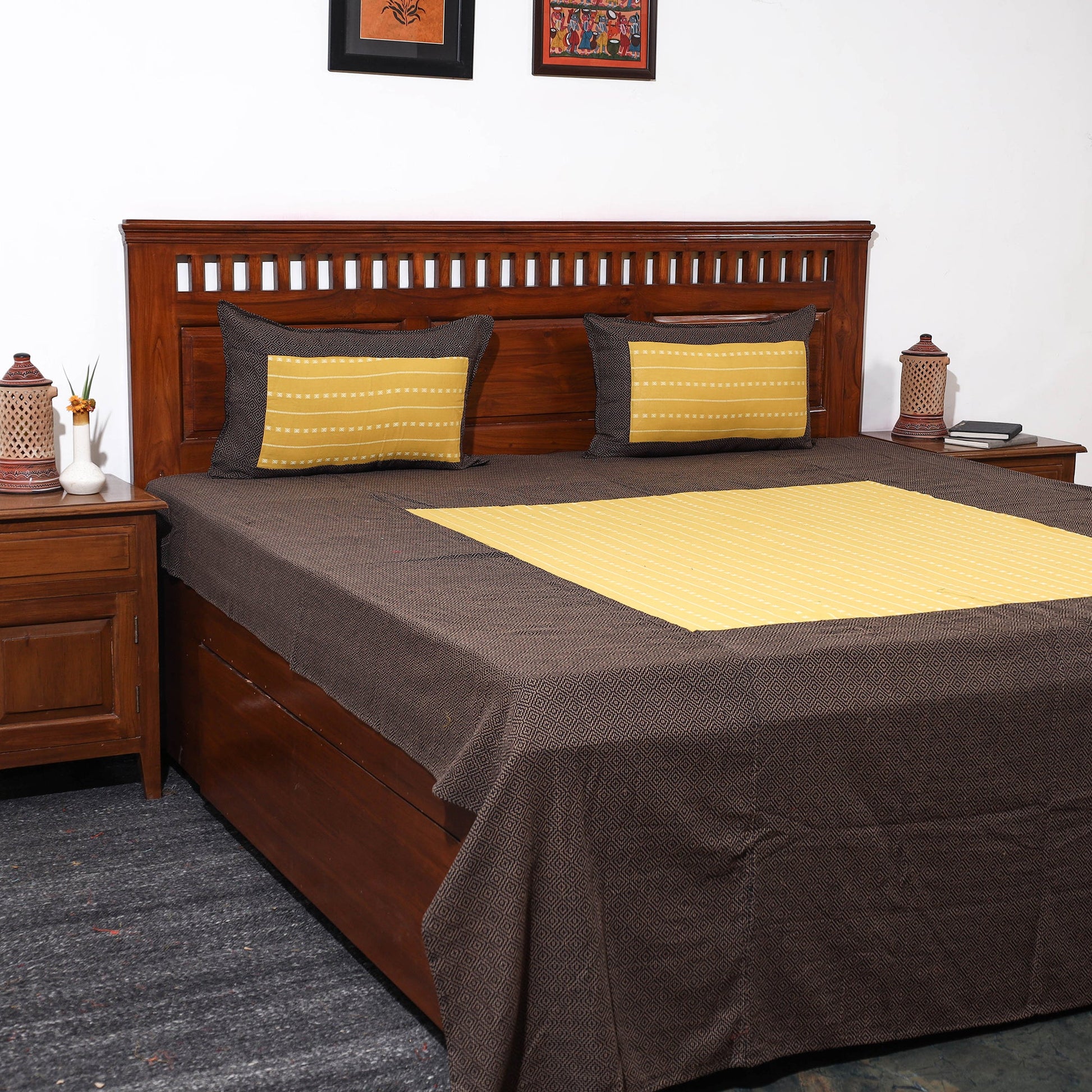 Brown - Jacquard Patchwork Cotton Double Bed Cover with Pillow Covers (107 x 87 in)