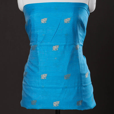 Blue - 2pc Chanderi Silk Handloom Flower Zari Buta Suit Material Set