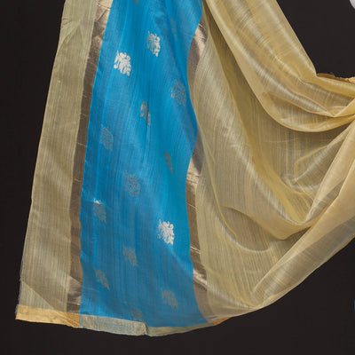 Blue - 2pc Chanderi Silk Handloom Flower Zari Buta Suit Material Set