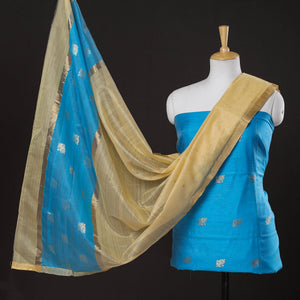 Blue - 2pc Chanderi Silk Handloom Flower Zari Buta Suit Material Set