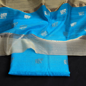 Blue - 2pc Chanderi Silk Handloom Flower Zari Buta Suit Material Set