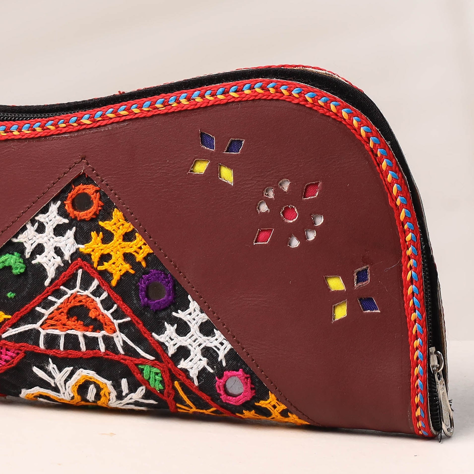 Brown - Handcrafted Kutch Embroidery Leather Clutch / Wallet