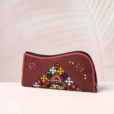 Brown - Handcrafted Kutch Embroidery Leather Clutch / Wallet