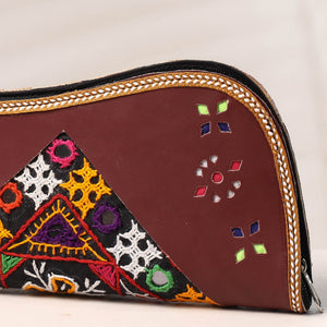 Brown - Handcrafted Kutch Embroidery Leather Clutch / Wallet