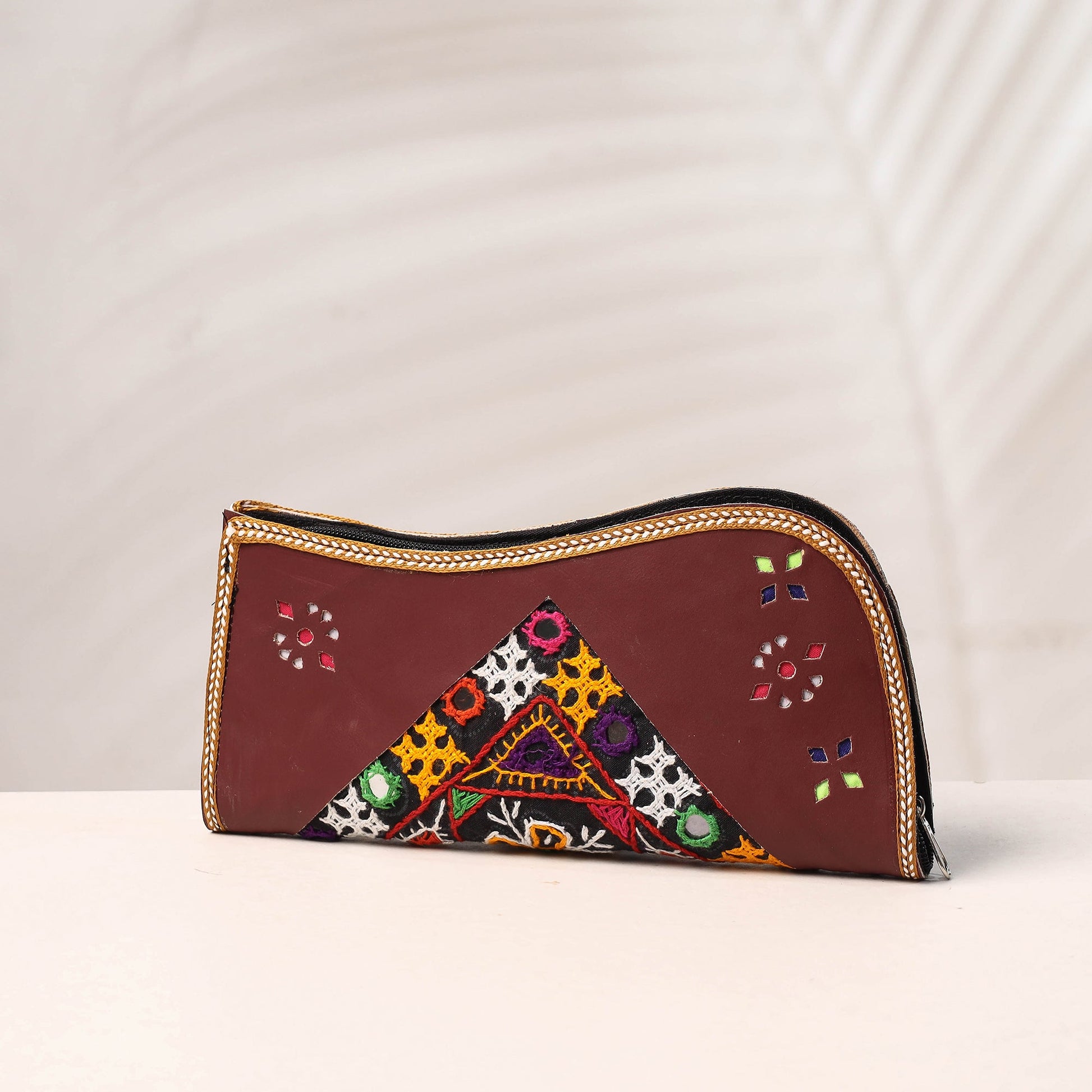 Brown - Handcrafted Kutch Embroidery Leather Clutch / Wallet