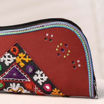 Brown - Handcrafted Kutch Embroidery Leather Clutch / Wallet