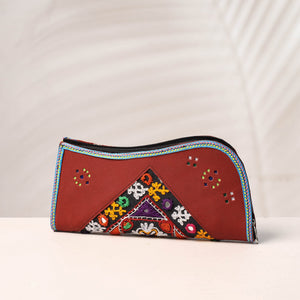 Brown - Handcrafted Kutch Embroidery Leather Clutch / Wallet