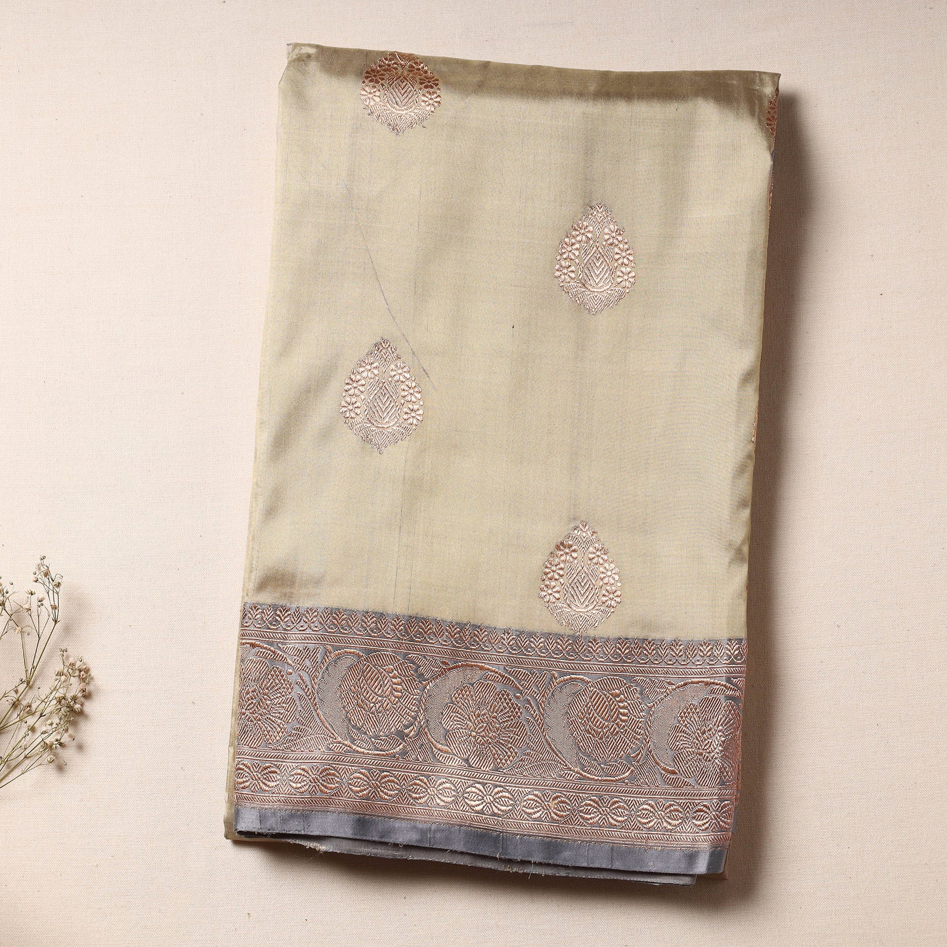 Beige - Banarasi Handloom Pure Katan Silk Kaduwa Zari Buti Saree