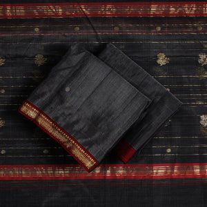 Black - 3pc Chanderi Silk Handloom Nakshi Zari Suit Material Set