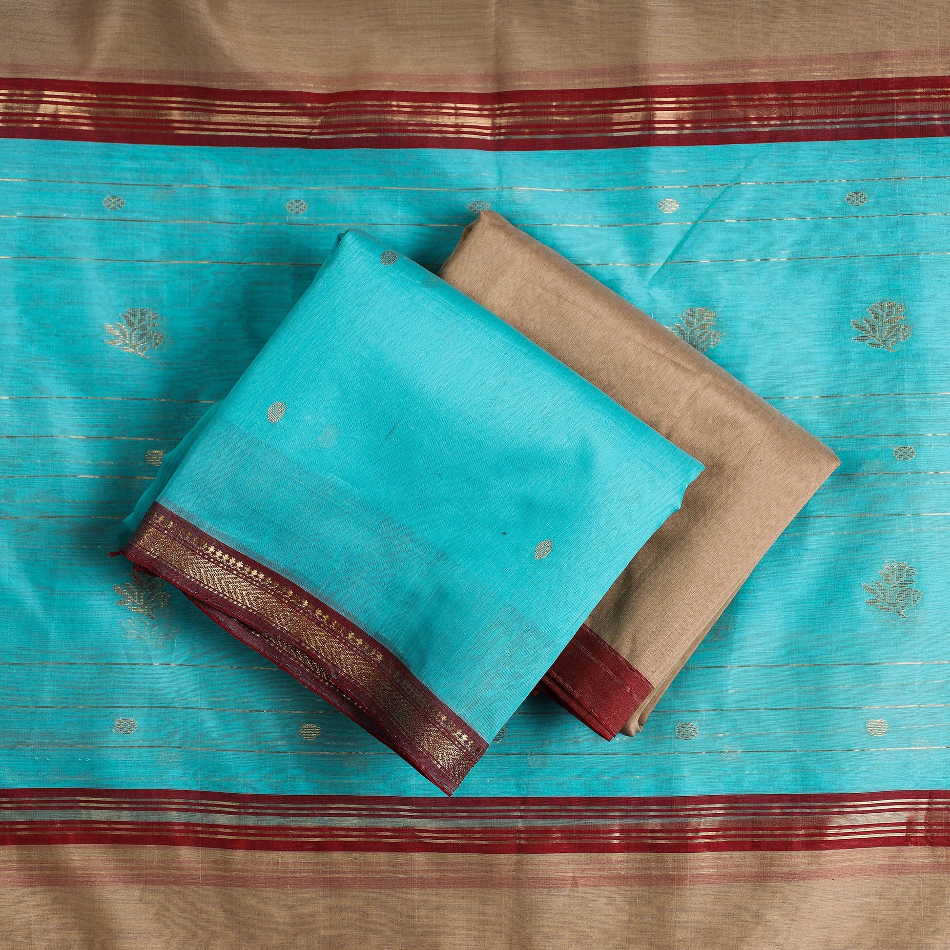 Blue - 3pc Chanderi Silk Handloom Nakshi Zari Suit Material Set