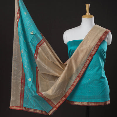 Blue - 3pc Chanderi Silk Handloom Nakshi Zari Suit Material Set