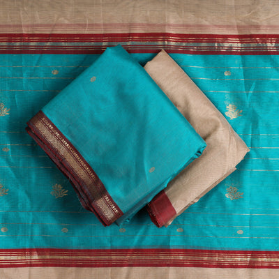 Blue - 3pc Chanderi Silk Handloom Nakshi Zari Suit Material Set