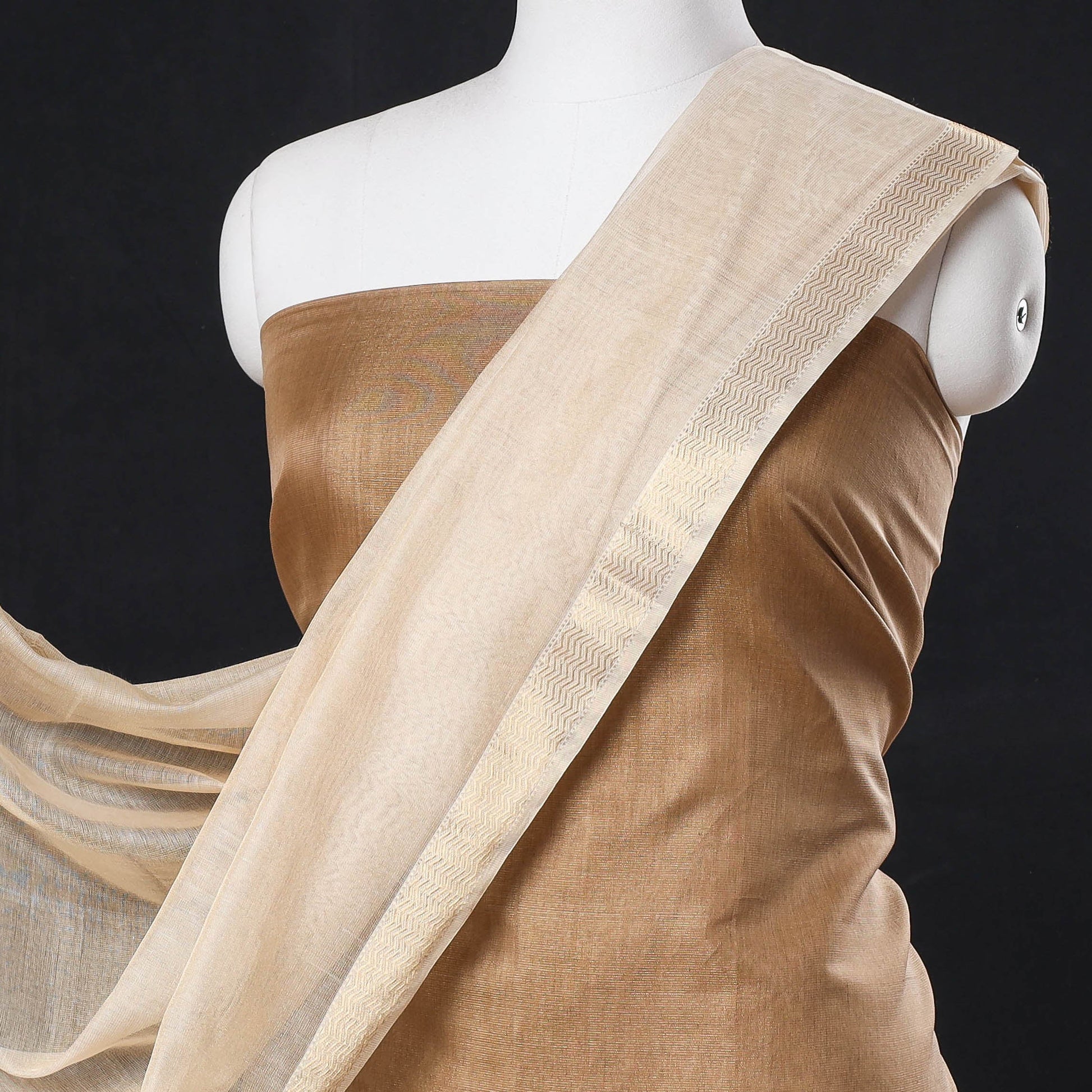 Brown - 2pc Maheshwari Silk Tissue Zari Handloom Suit Material Set