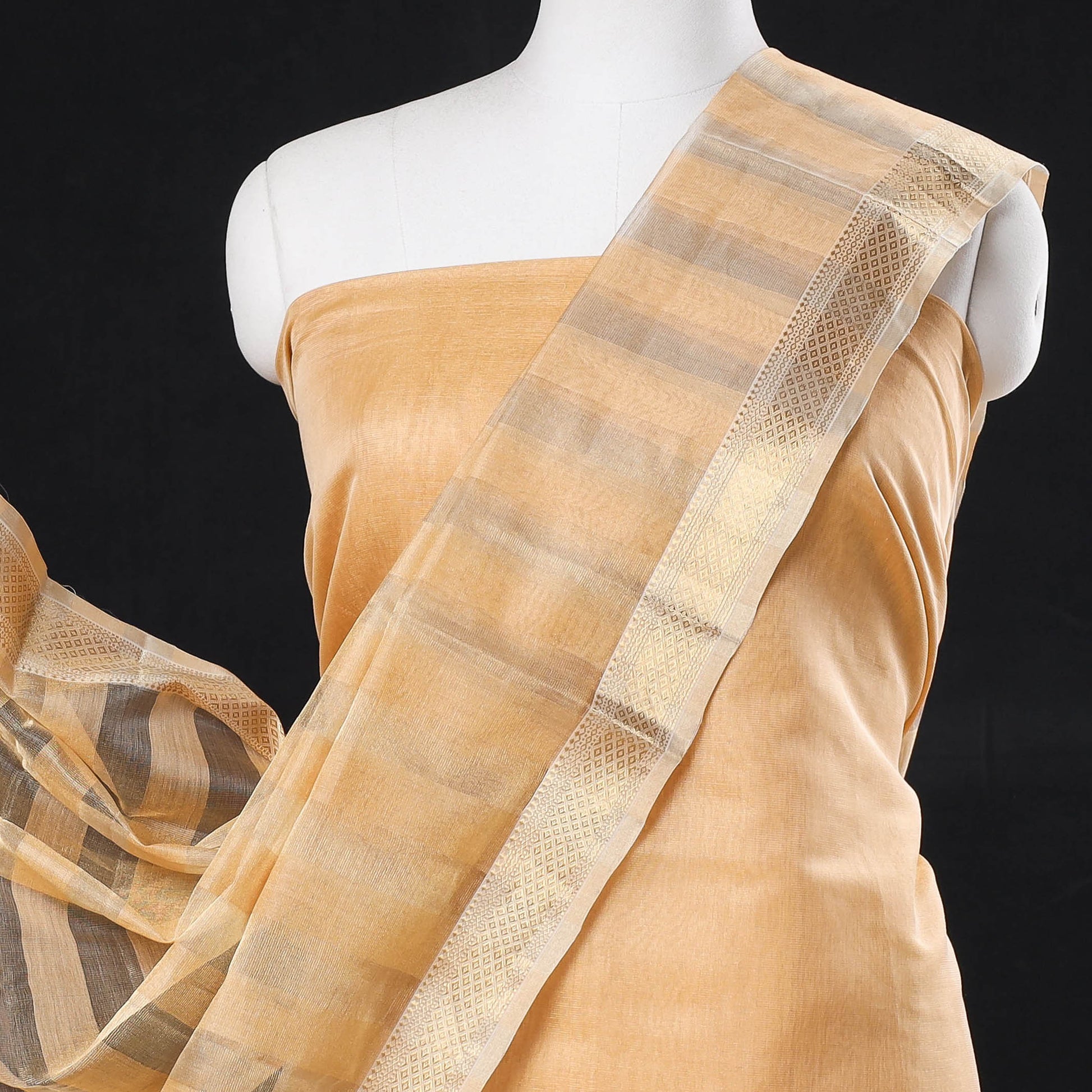 Brown - 2pc Maheshwari Silk Tissue Zari Handloom Suit Material Set