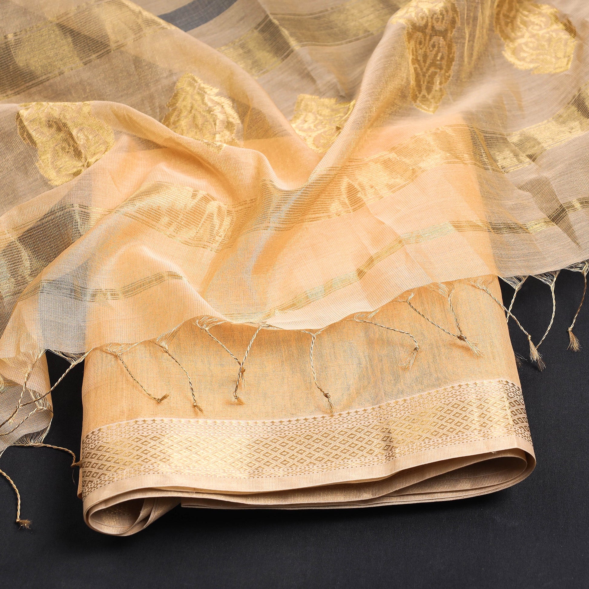 Brown - 2pc Maheshwari Silk Tissue Zari Handloom Suit Material Set