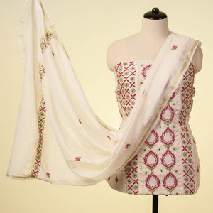 Beige - 2pc Chikankari Hand Embroidered Chanderi Silk Handloom Suit Material Set