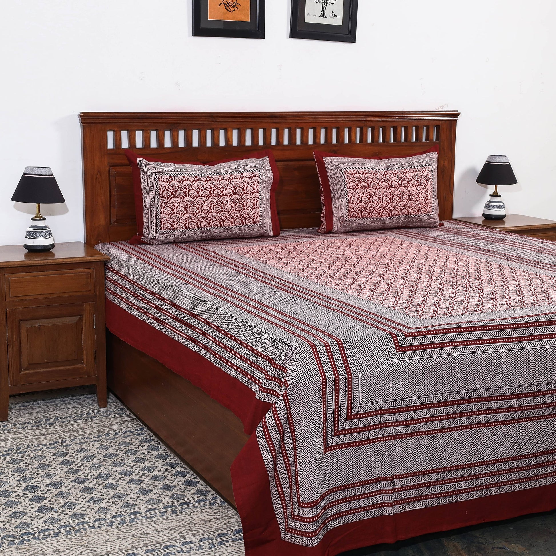 Bagh Block Printed Cotton Double Bed Cover with Pillow Covers (112 x 92 in)