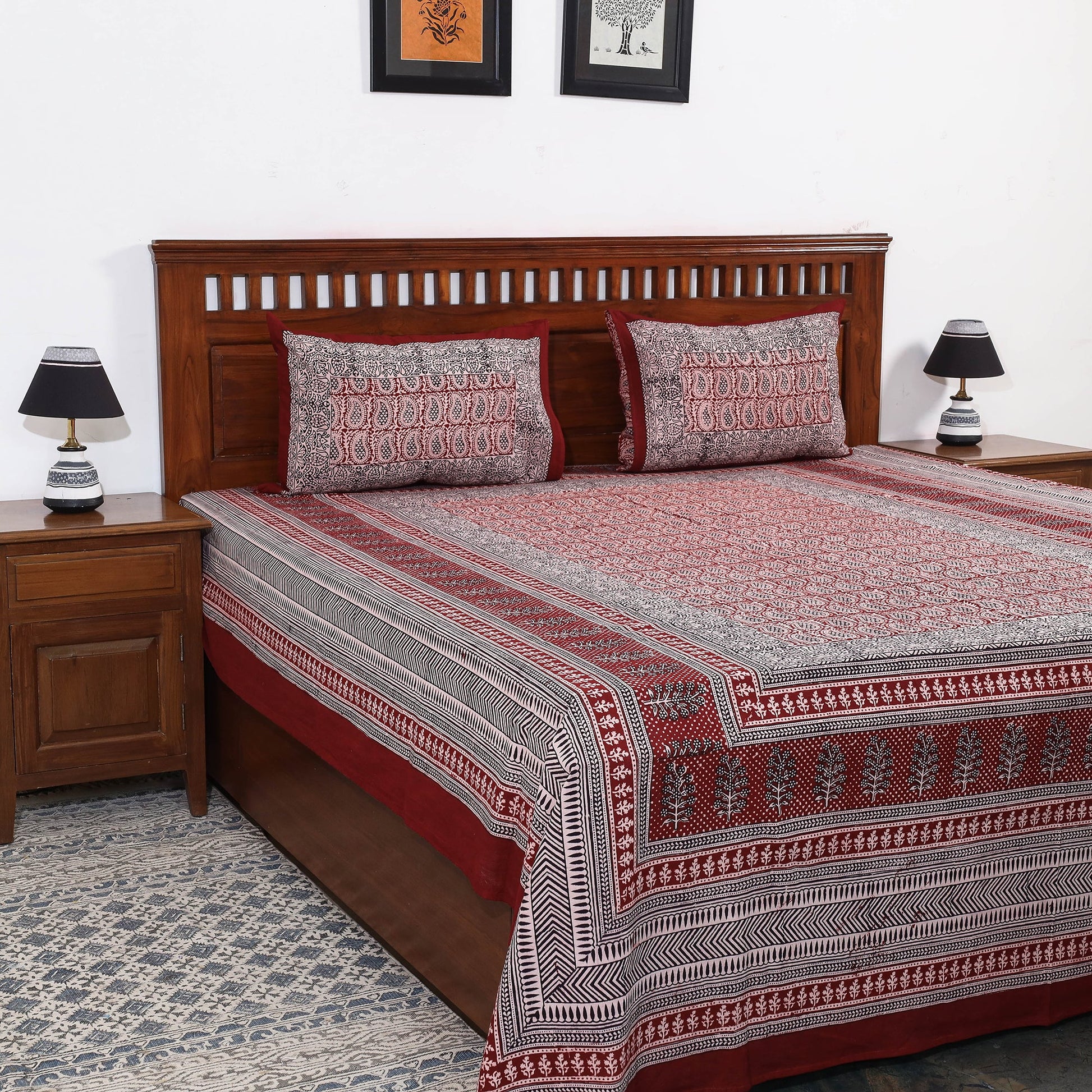 Bagh Block Printed Cotton Double Bed Cover with Pillow Covers (112 x 92 in)