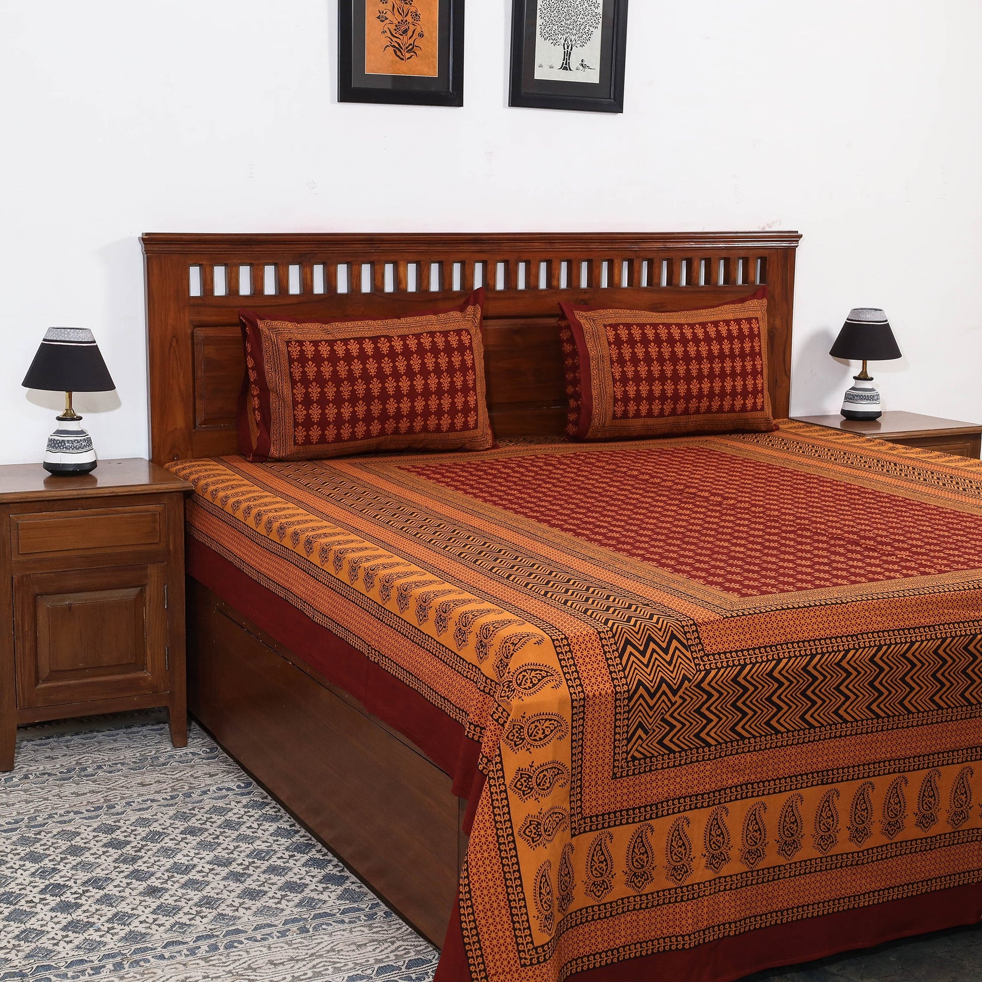 Bagh Block Printed Cotton Double Bed Cover with Pillow Covers (112 x 92 in)