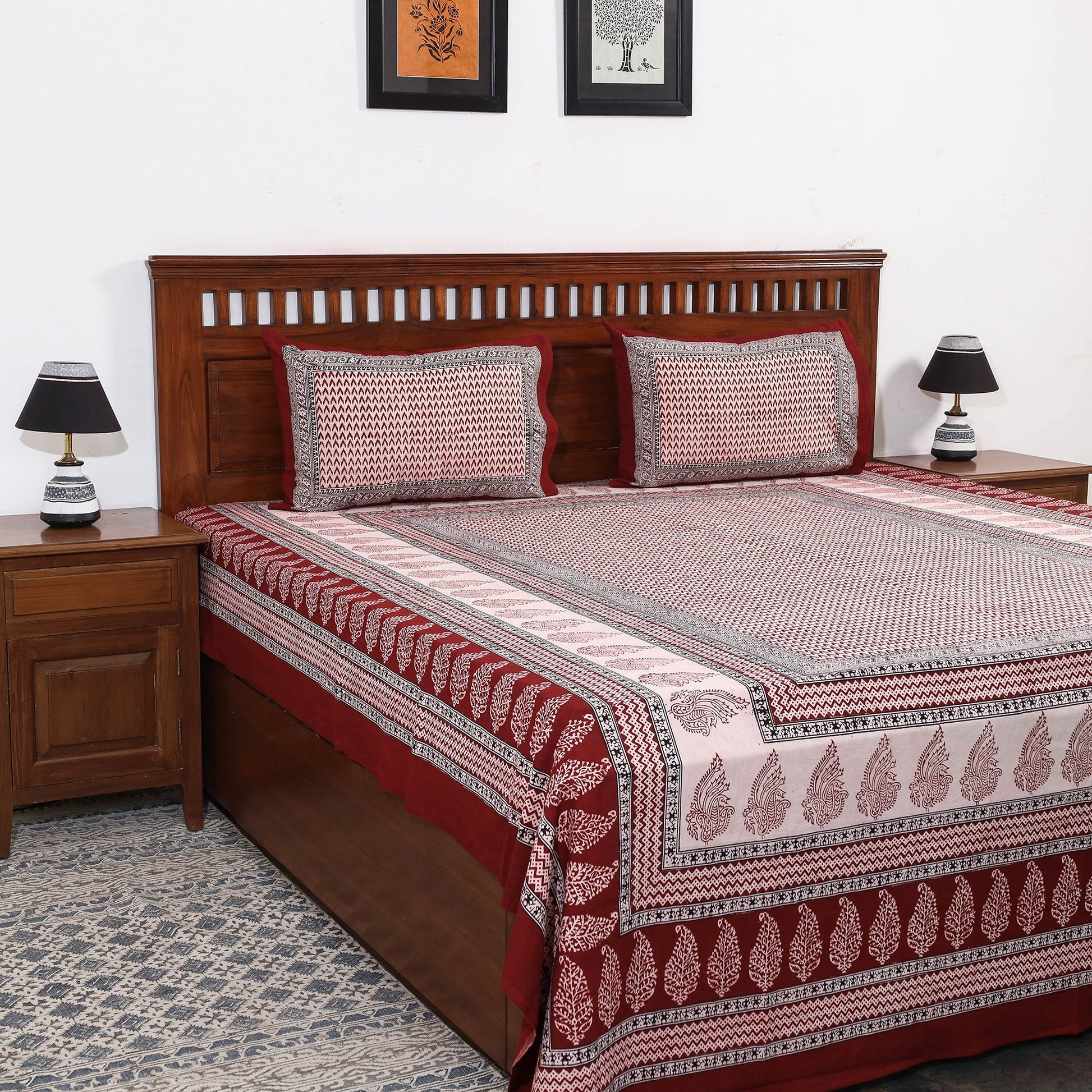 Bagh Block Printed Cotton Double Bed Cover with Pillow Covers (112 x 92 in)