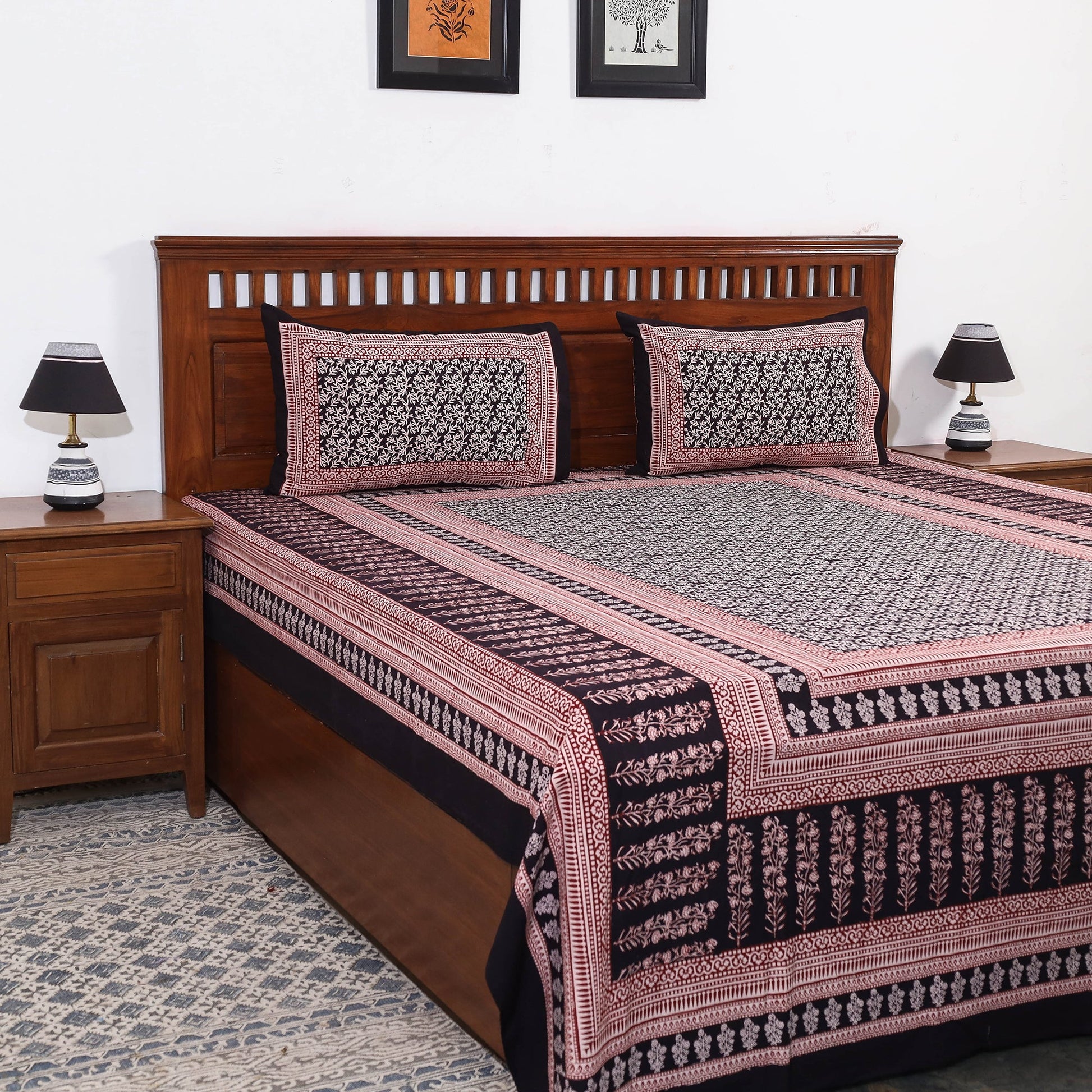 Bagh Block Printed Cotton Double Bed Cover with Pillow Covers (112 x 92 in)
