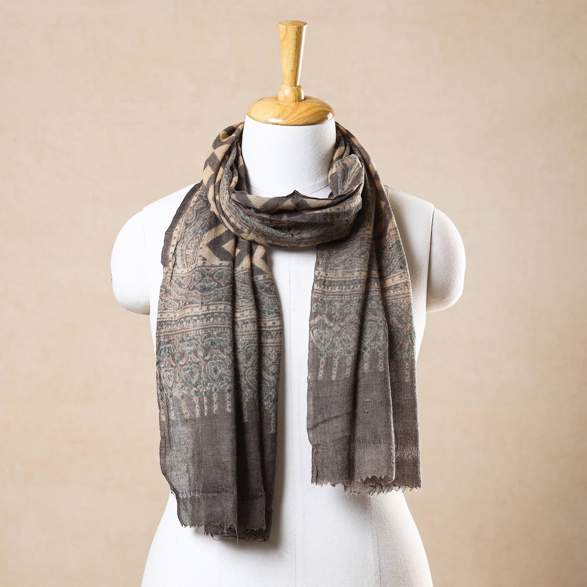 Brown - Ajrakh Hand Block Printed Pure Woolen Stole