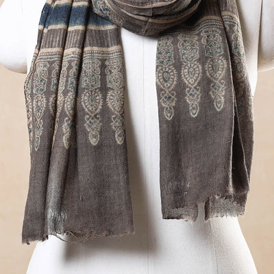 Brown - Ajrakh Hand Block Printed Pure Woolen Stole