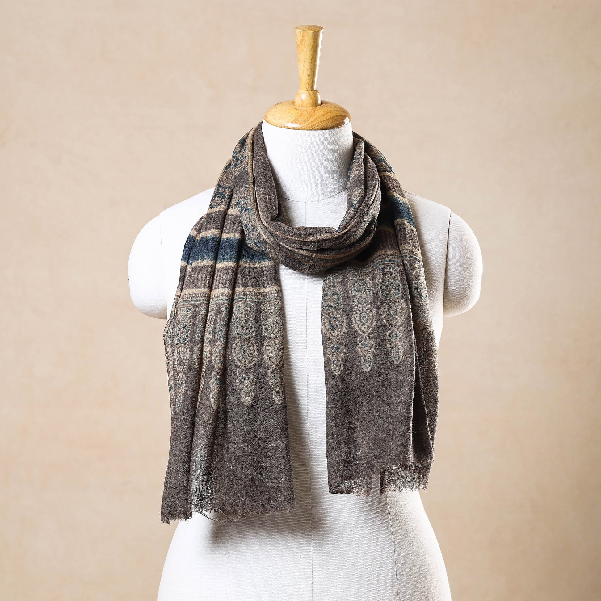Brown - Ajrakh Hand Block Printed Pure Woolen Stole