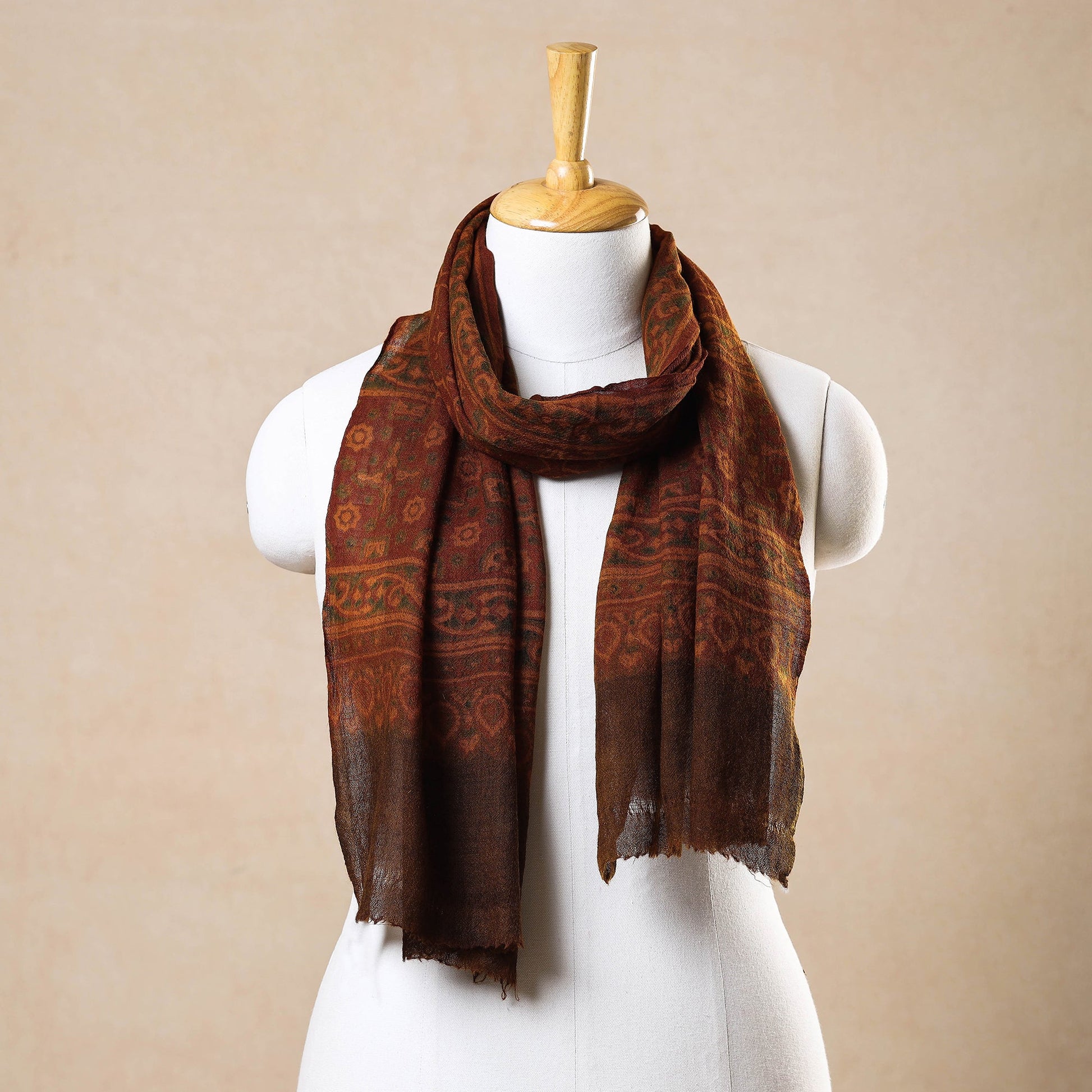 Brown - Ajrakh Hand Block Printed Pure Woolen Stole