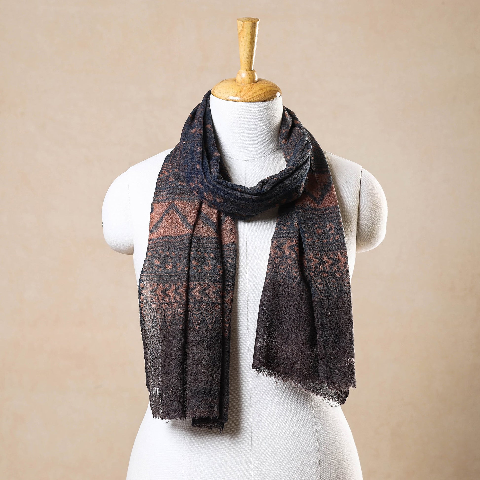 Brown - Ajrakh Hand Block Printed Pure Woolen Stole