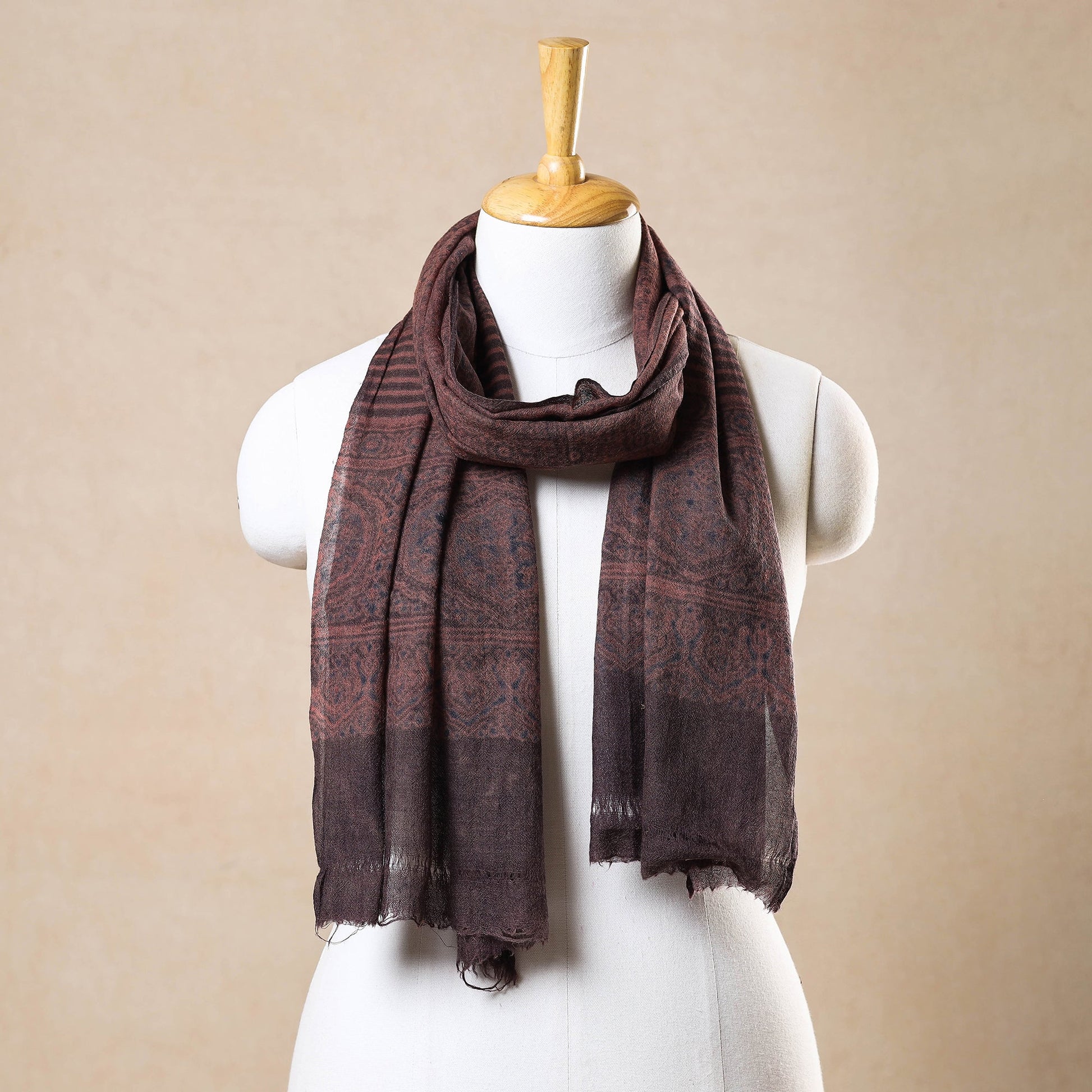 Brown - Ajrakh Hand Block Printed Pure Woolen Stole